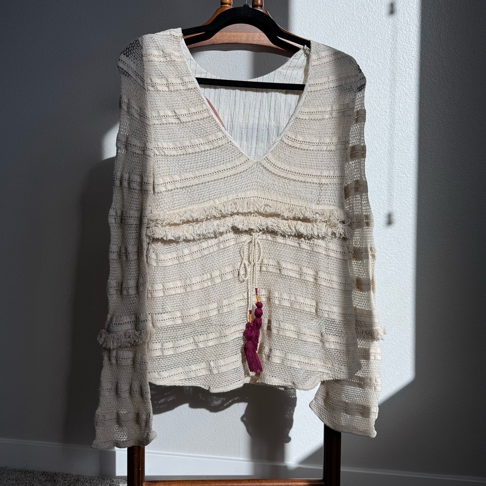 ZARA Trafaluc Boho Crochet Bell Sleeve Top Cream Festival Peasant Style